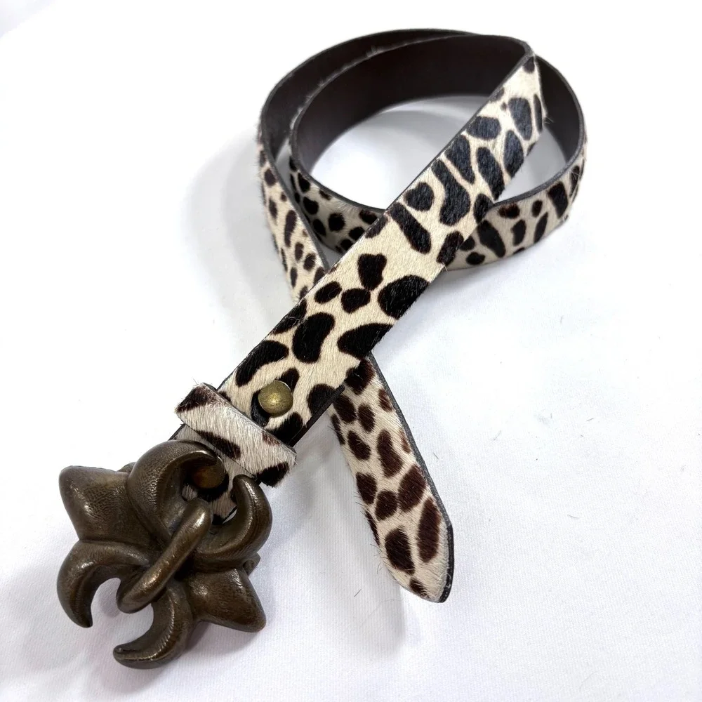Calf Hair Belt Leopard Print Bronze‎ Fleur De Lis Buckle Brown Leather Vintage